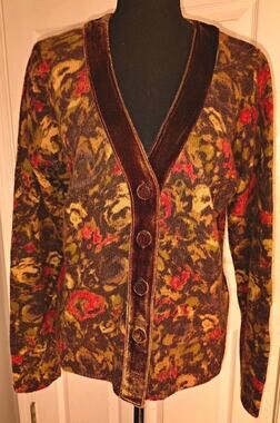 Sarah Spencer Floral Knit Button-Front V-Neck Cardigan Sweater Long Sleeve L